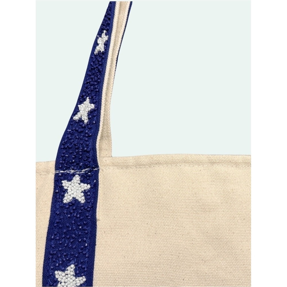 America & Beyond Beaded Canvas Tote Star Handles Fourth of July Beach Blue NWT - Picture 9 of 10